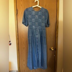 Vintage Denim Dress with Floral Embroidery